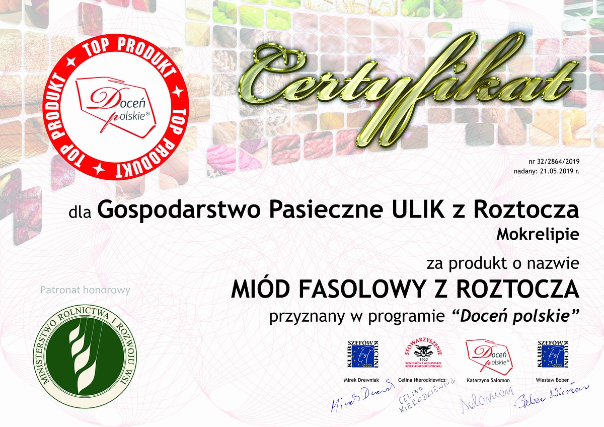 Miód fasolowy ma certyfikat programu Doceń Polskie jako Top Produkt.