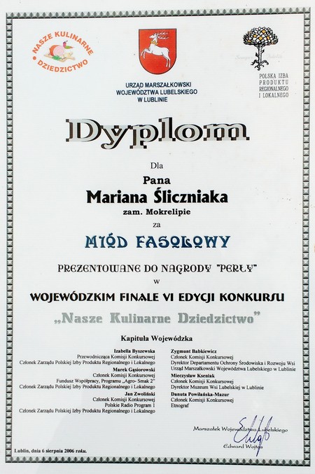 Dyplom za miód fasolowy z pasieki ULIK.